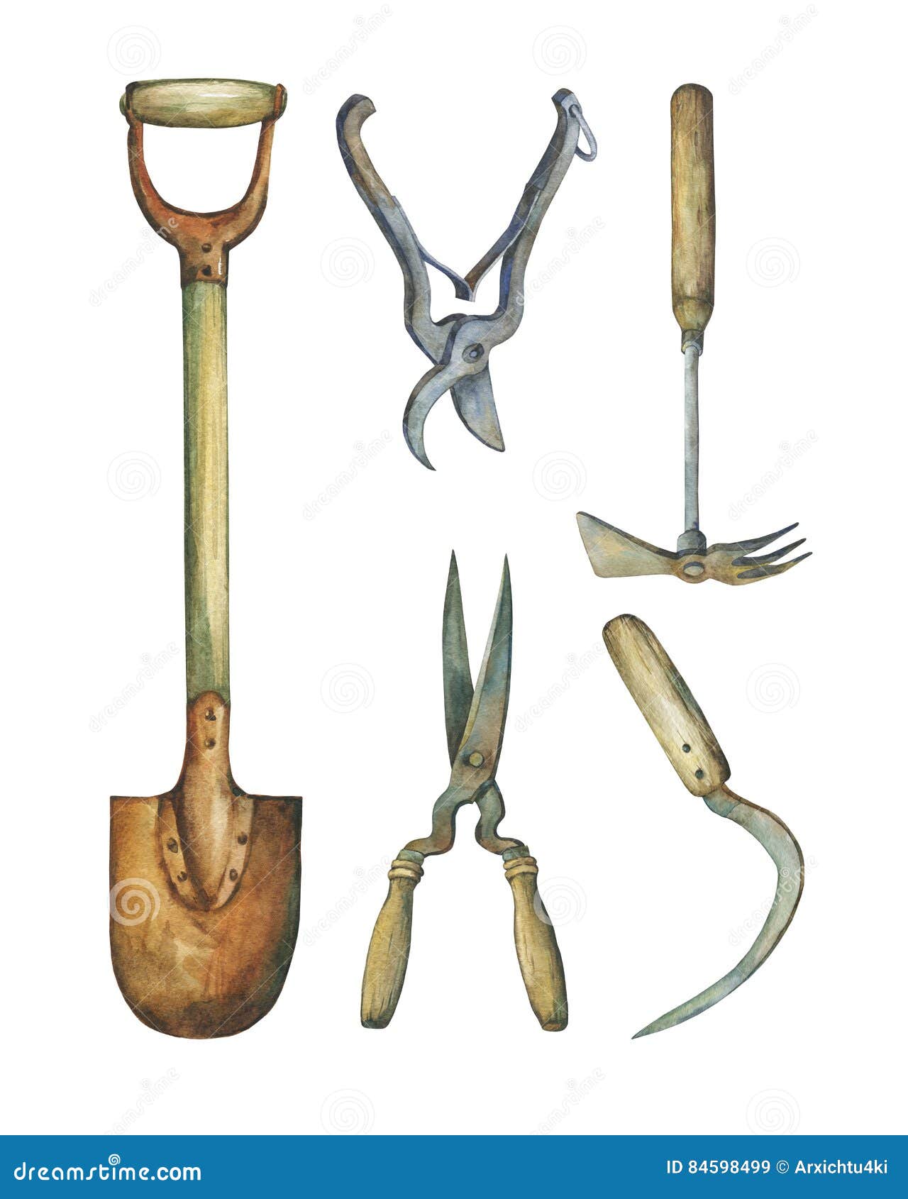 trowel , shears, hayfork and other paraphernalia necessary for garden improvements.