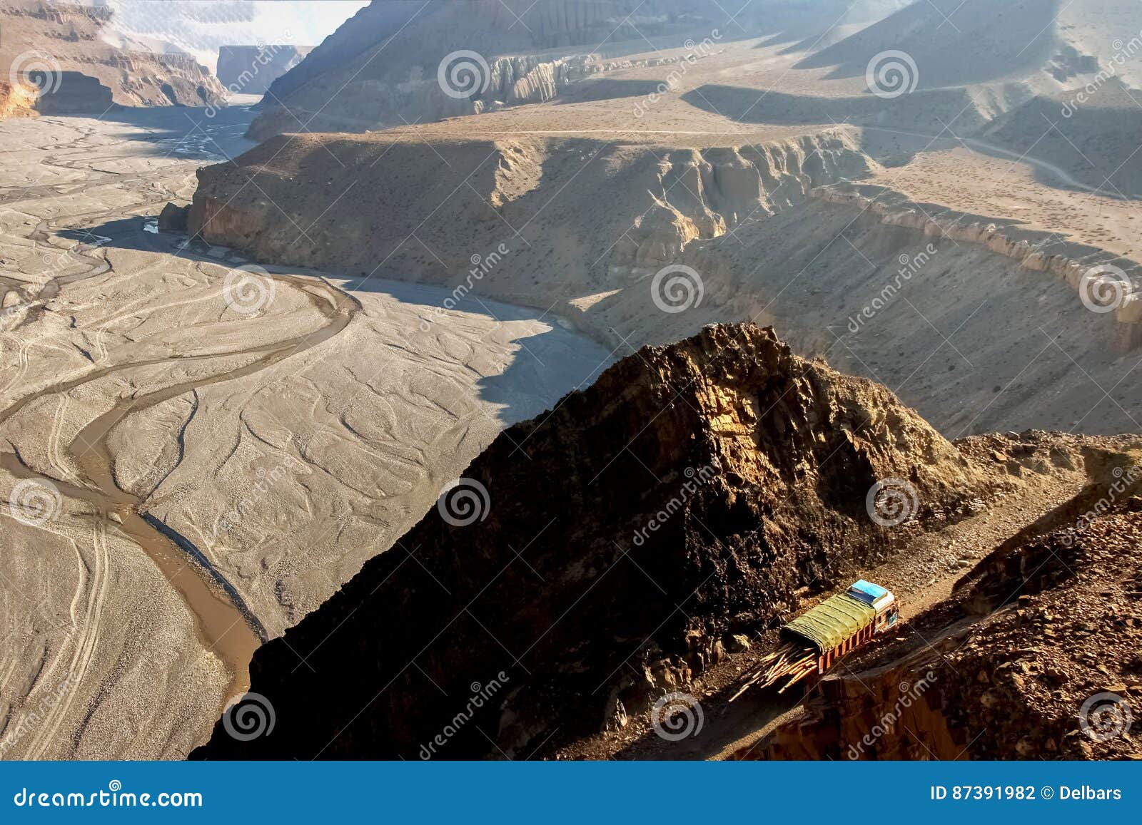 the truck carries cargo in the himalayas. top view of the kali gandaki gorge. nepal. kingdom of mustang