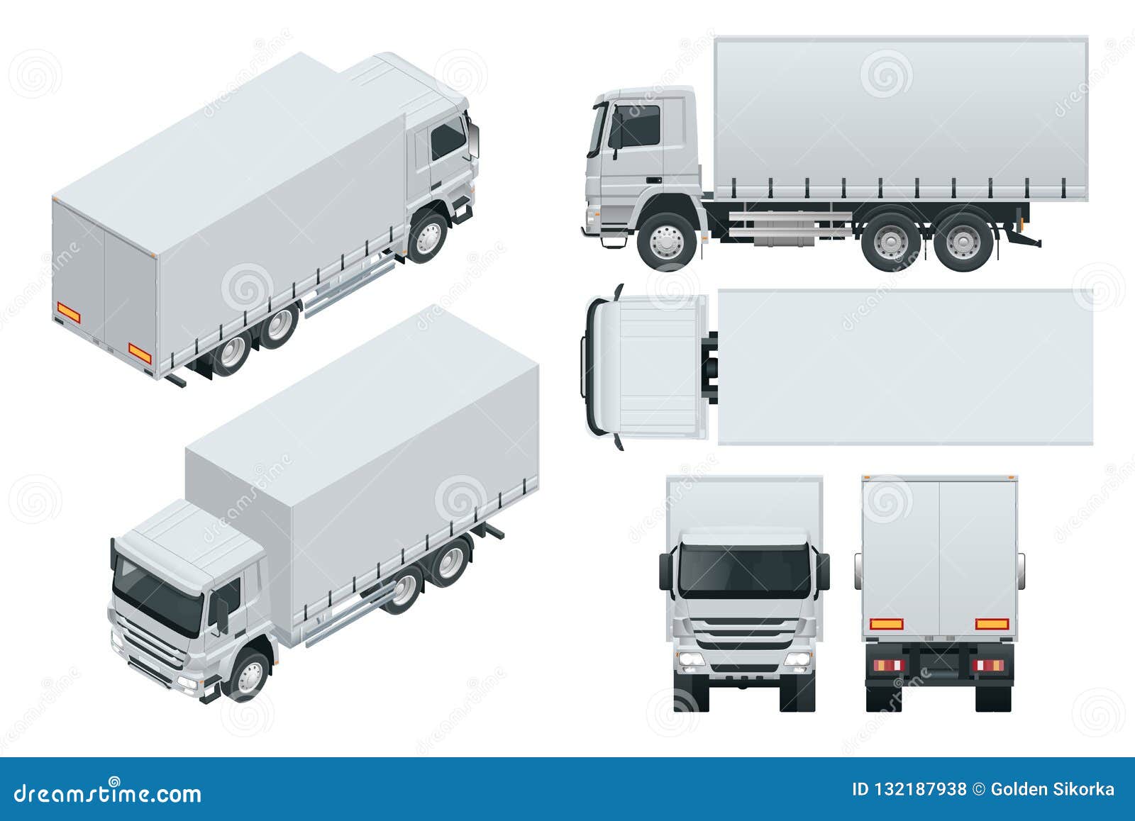 truck delivery, lorry mock-up  template on white background. isometric, side, front, back, top view.