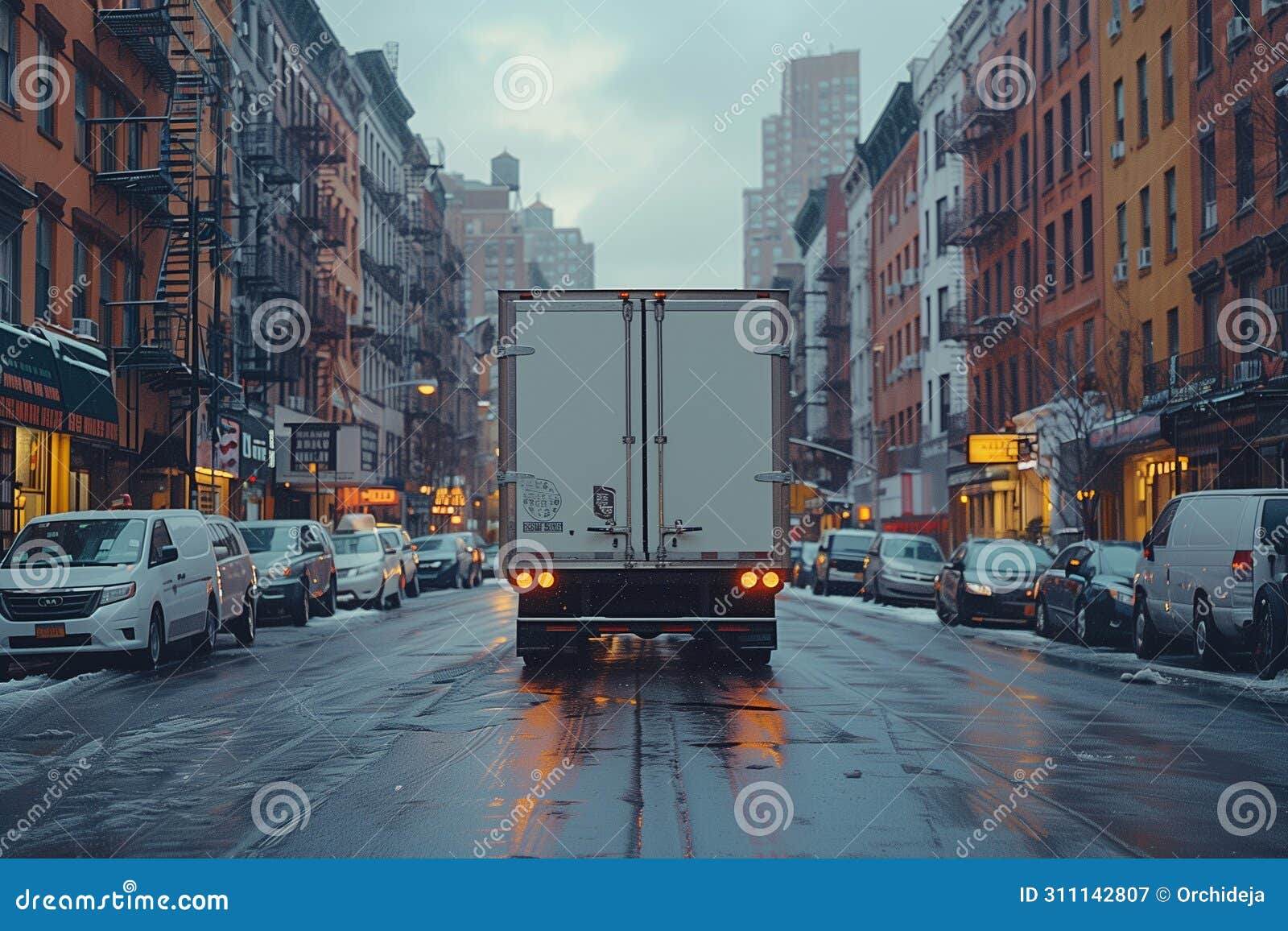 A truck is driving down a street lined with tall buildings in an urban setting. AI generated