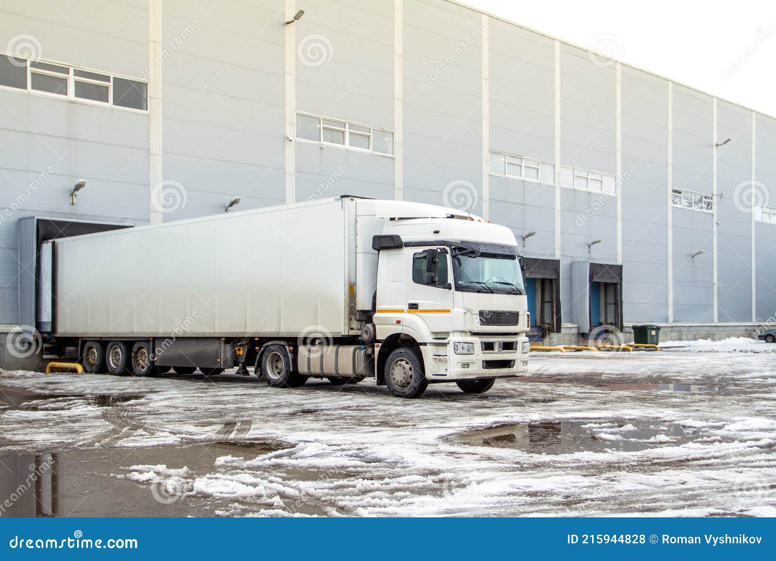 Truck while Loading in a Big Distribution Warehouse with Gates for for