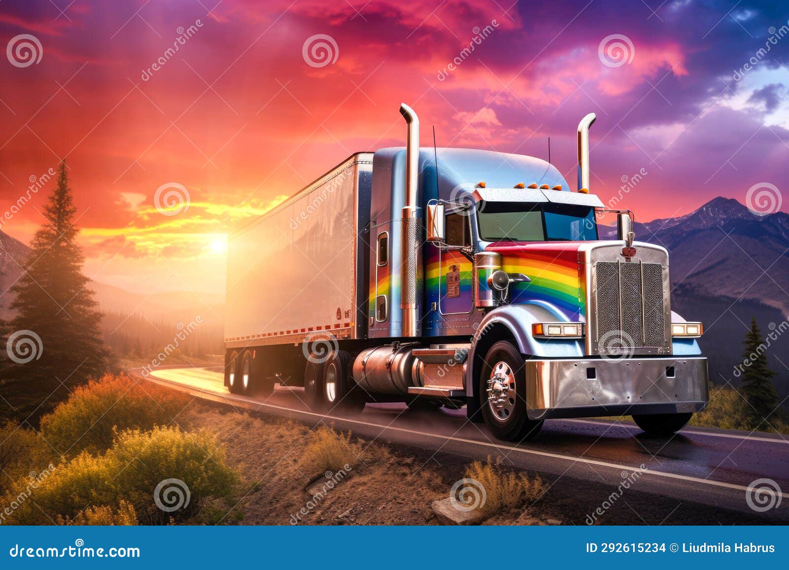Truck on the Road with a Rainbow in the Sky. Stock Photo Image of