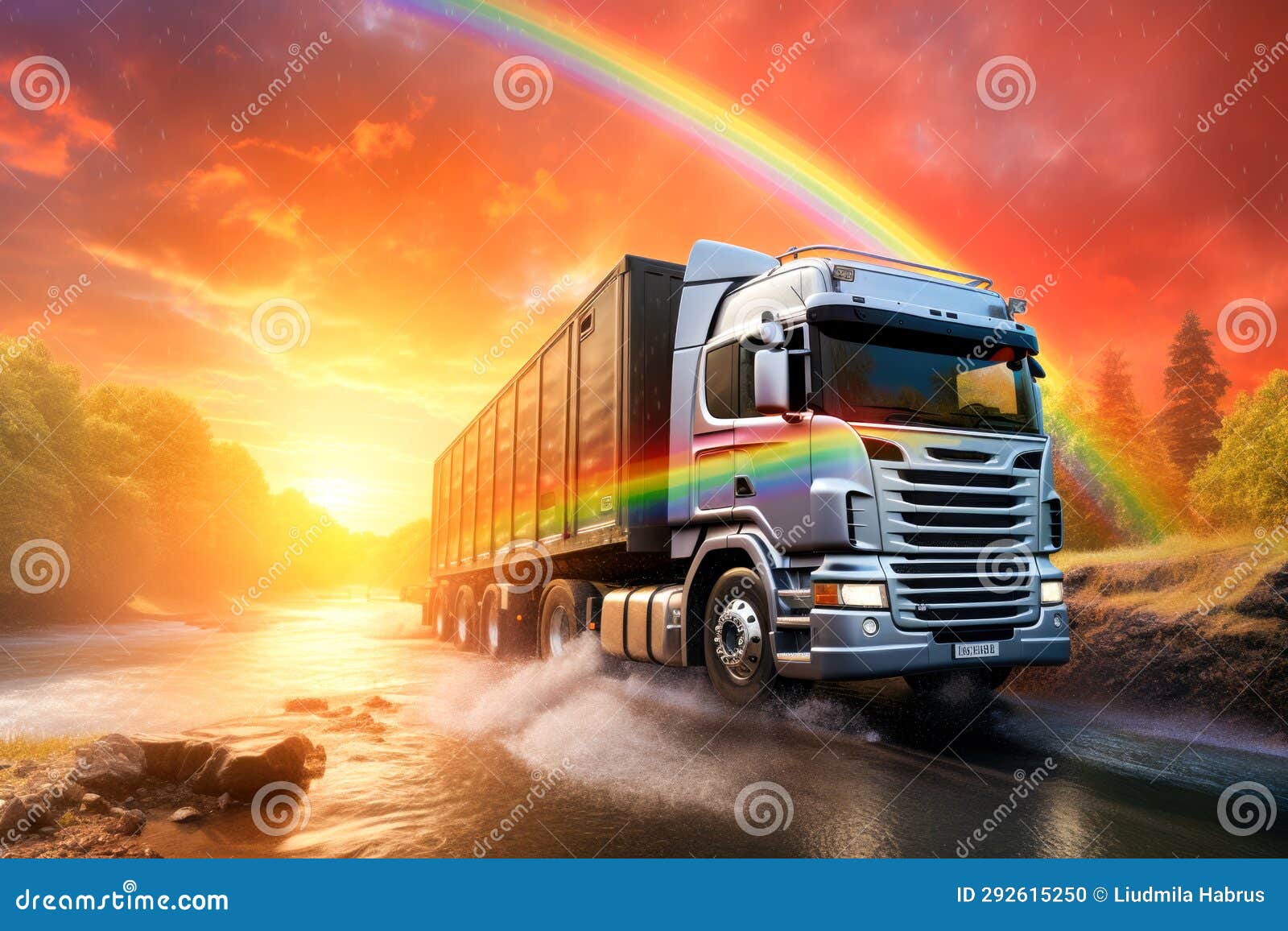Truck on the Road with a Rainbow in the Sky. Stock Photo Image of