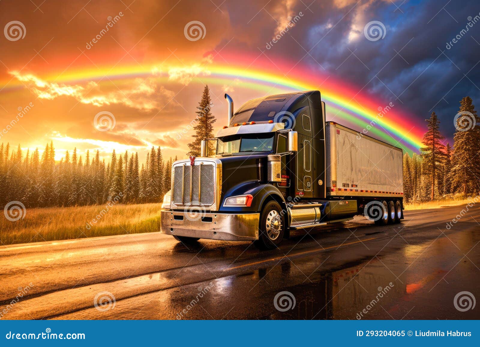 Truck on the Road with a Rainbow in the Sky. Stock Image Image of