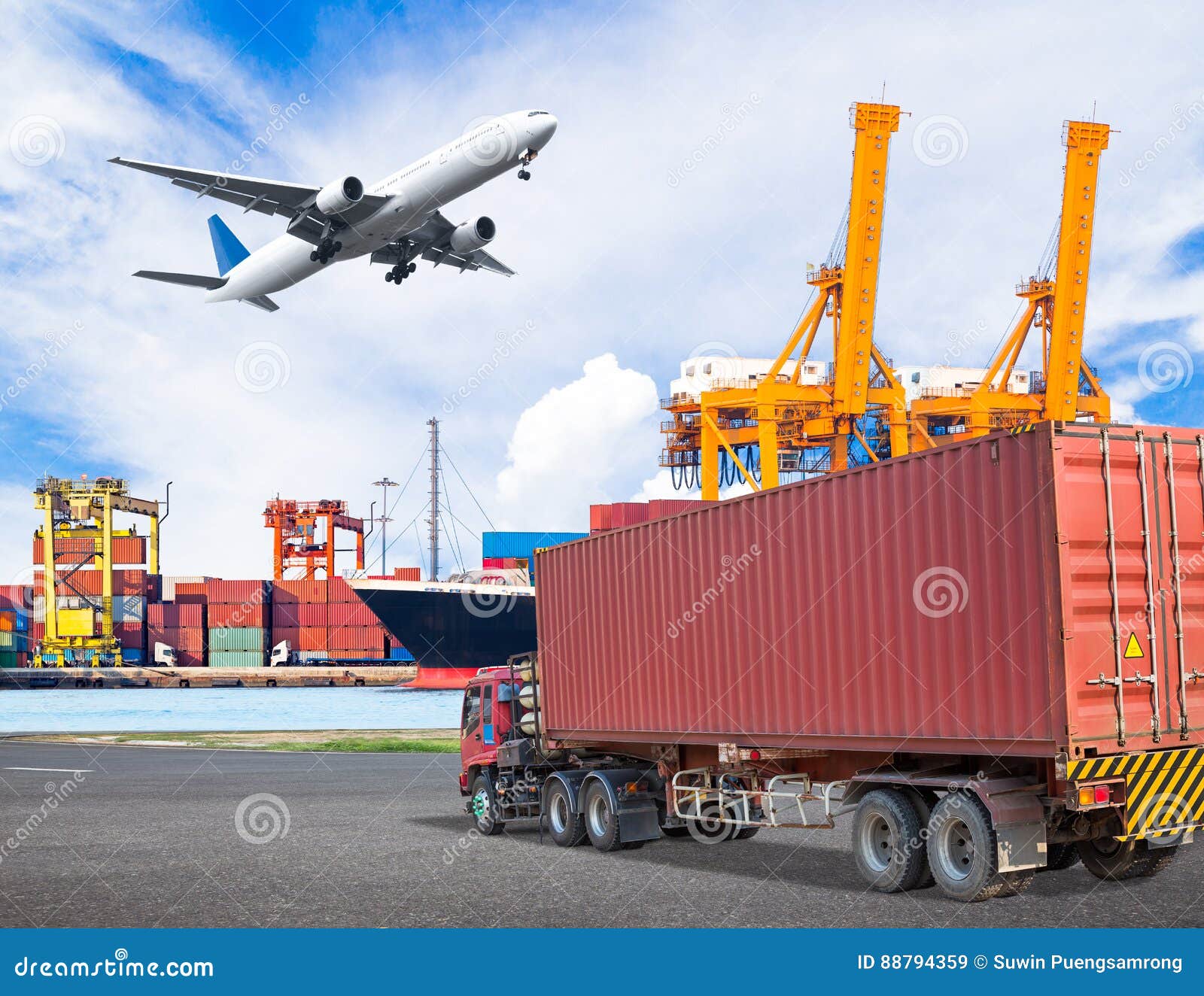 truck transport container and cago plane flying above ship port