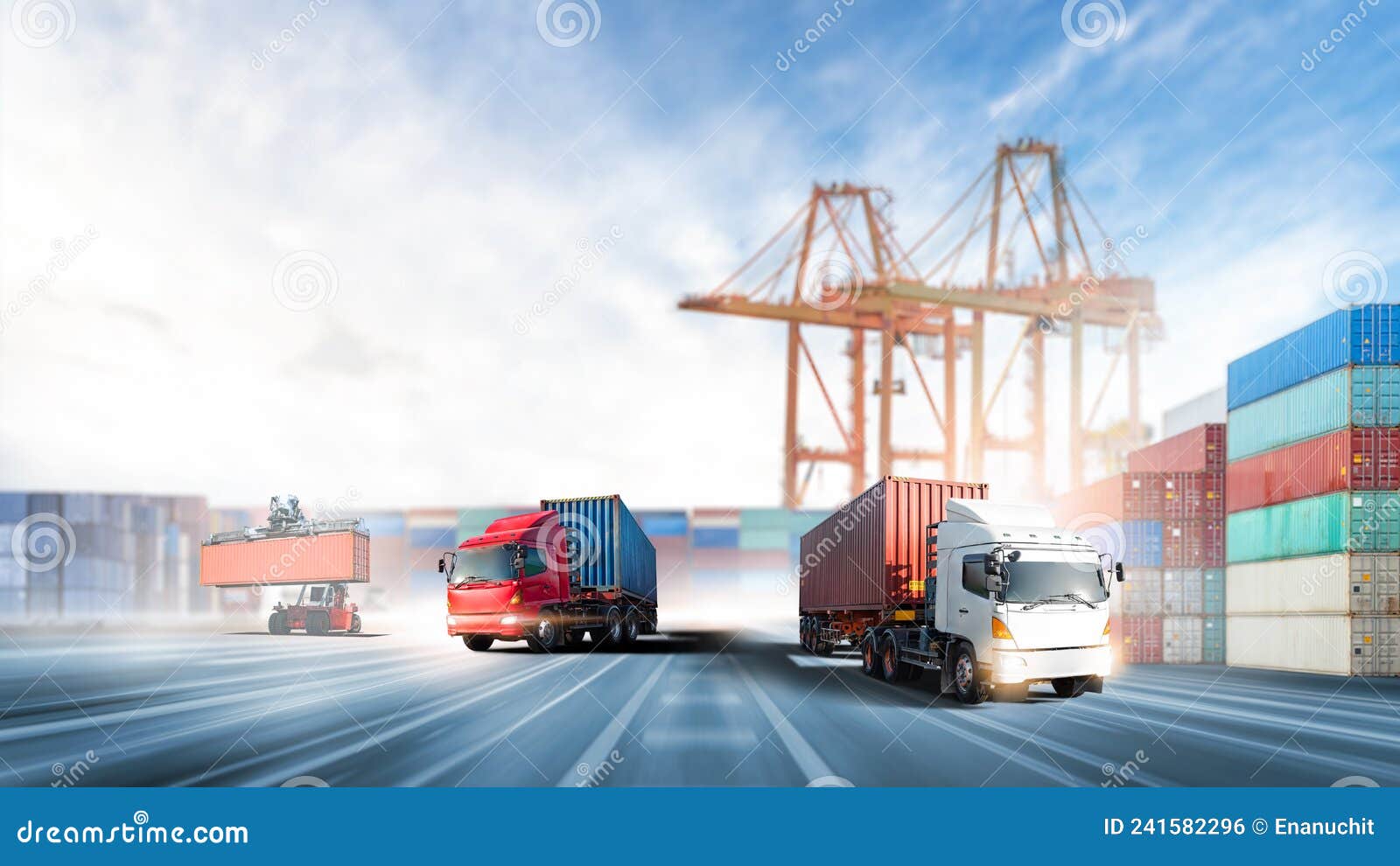 truck transport red and blue container on highway with container handler in the loading at port cargo shipping dock