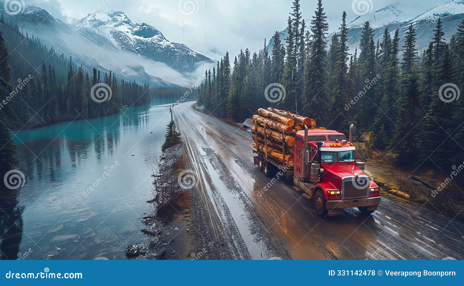 truck transporting sawn logs, pristine background, minimalist approach