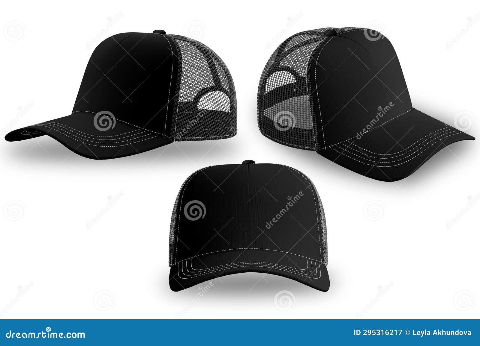 Trucker Black Cap with Black Visor Realistic Mockup Front and Side View ...