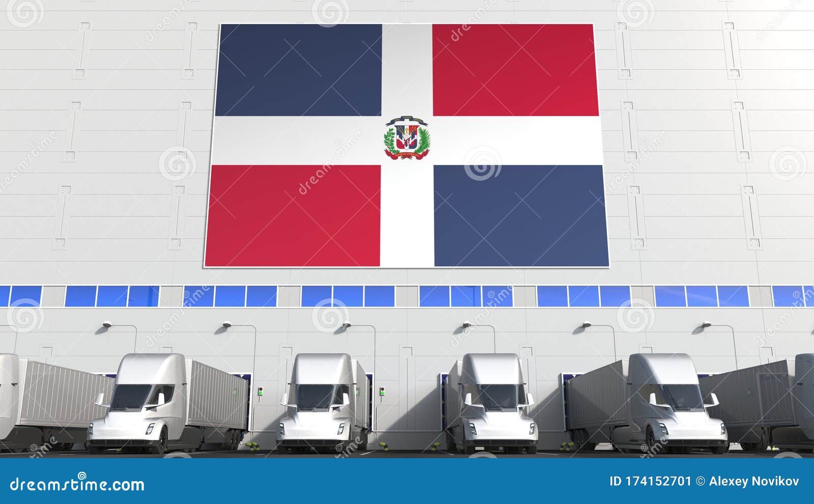 Trucks At Warehouse Loading Bay With Flag Of The Dominican Republic