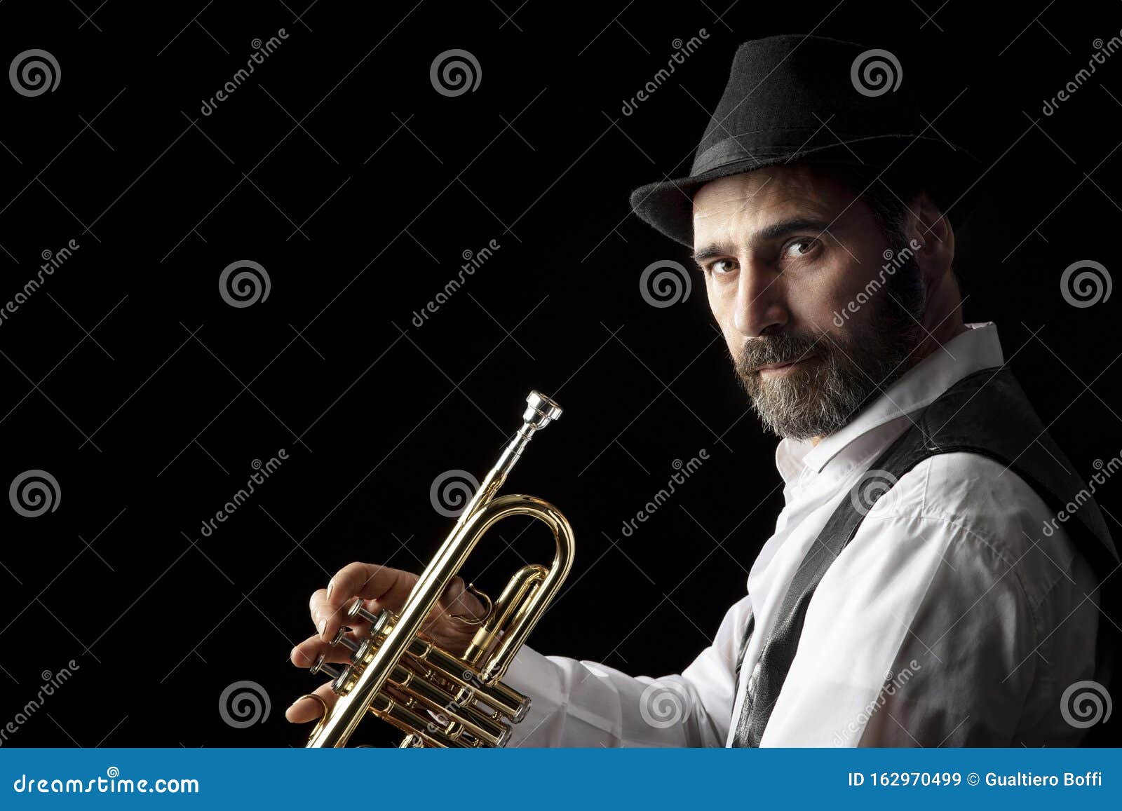 Trumpet Man with Beard Portrait on Black Stock Image Image of person