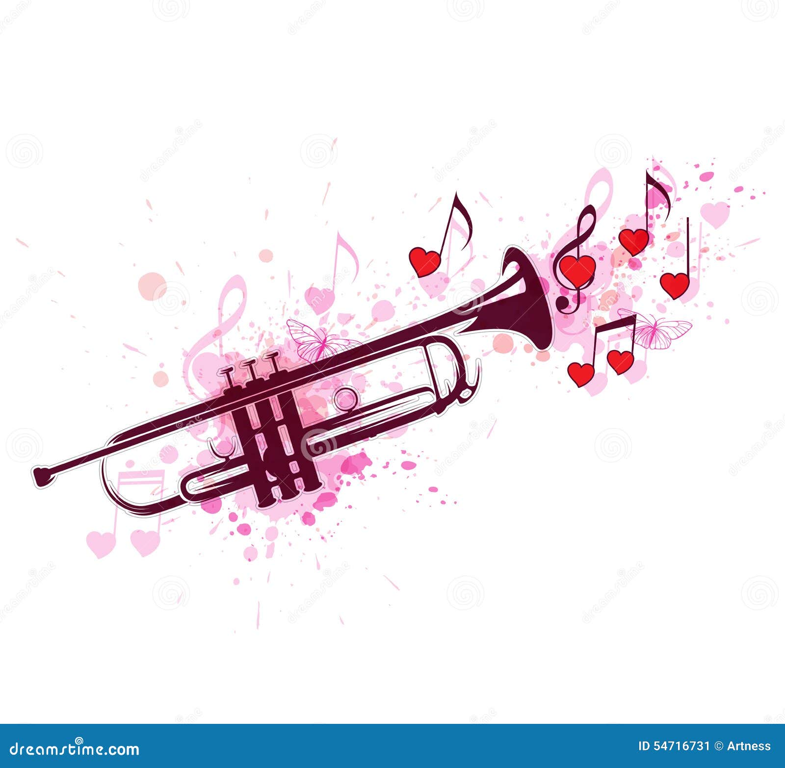 Trumpet, Notes and Red Hearts Stock Vector Illustration of sign