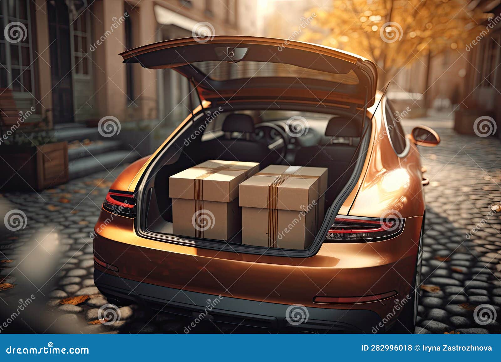 The Trunk of the Car is Open and Filled with Cardboard Boxes Stock