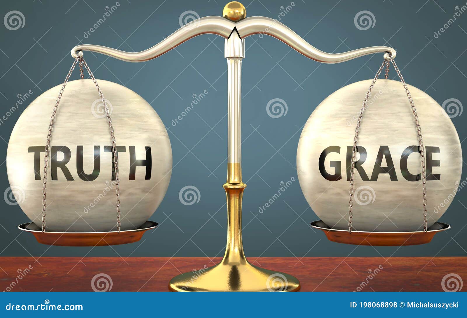 truth and grace staying in balance - pictured as a metal scale with weights and labels truth and grace to ize balance and