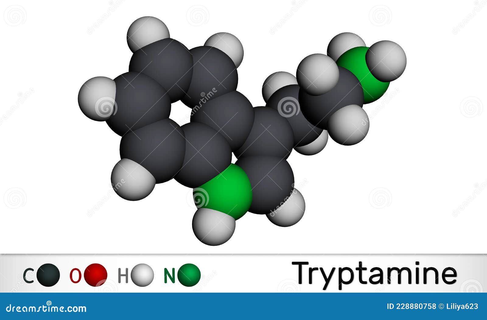 tryptamine molecule. it is aminoalkylindole. molecular model. 3d rendering