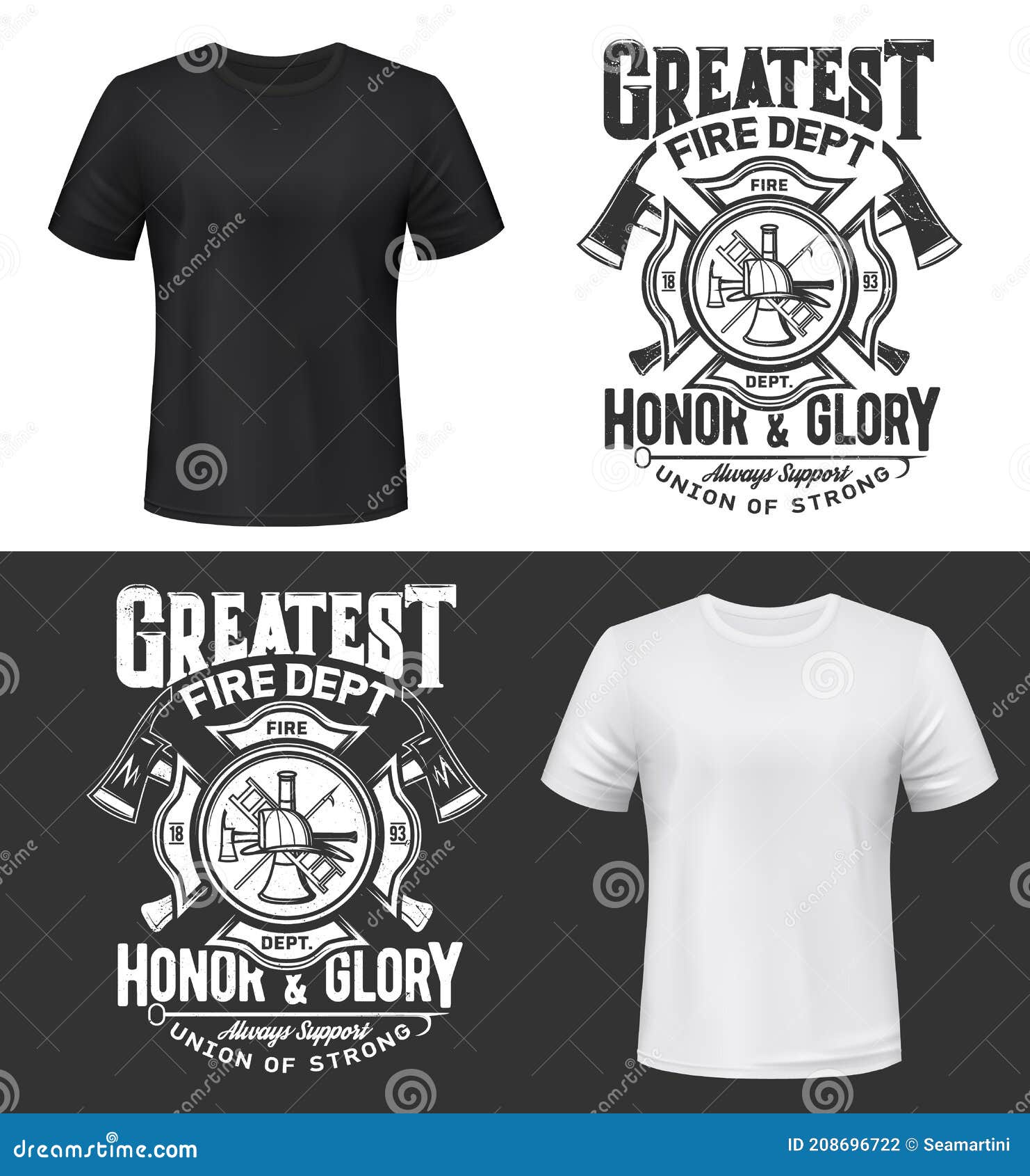 Download Tshirt Print With Firefighters Helmet Ax Ladder Stock Vector Illustration Of Logo Tower 208696722