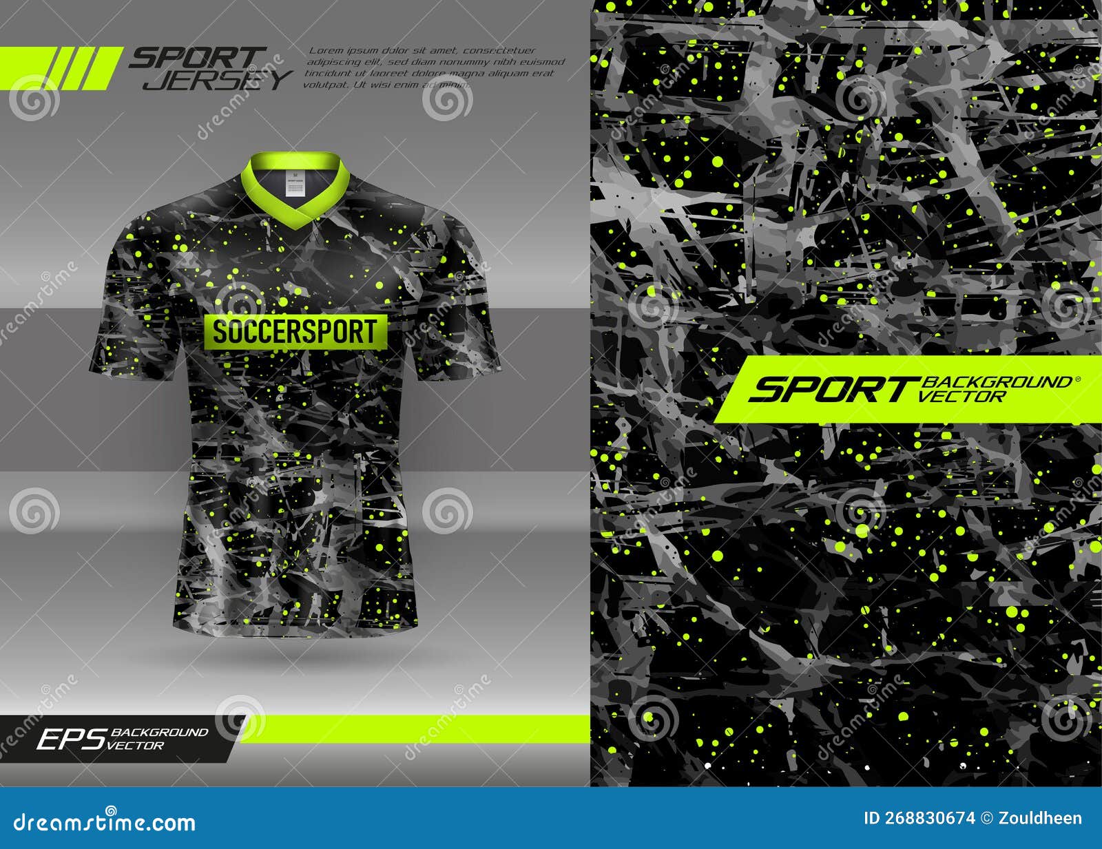 Black yellow t-shirt sport design template with abstract grunge textured  pattern for soccer jersey. Sport uniform in front view. Tshirt mock up for  sport club. Vector Illustration Stock Vector