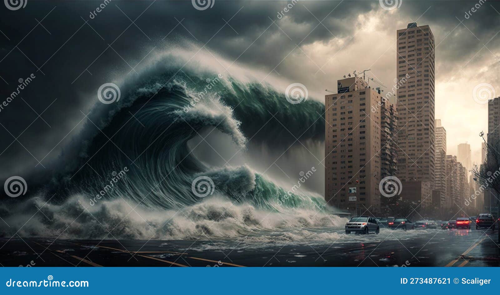 tsunami hits city, giant sea waves attack buildings, generative ai