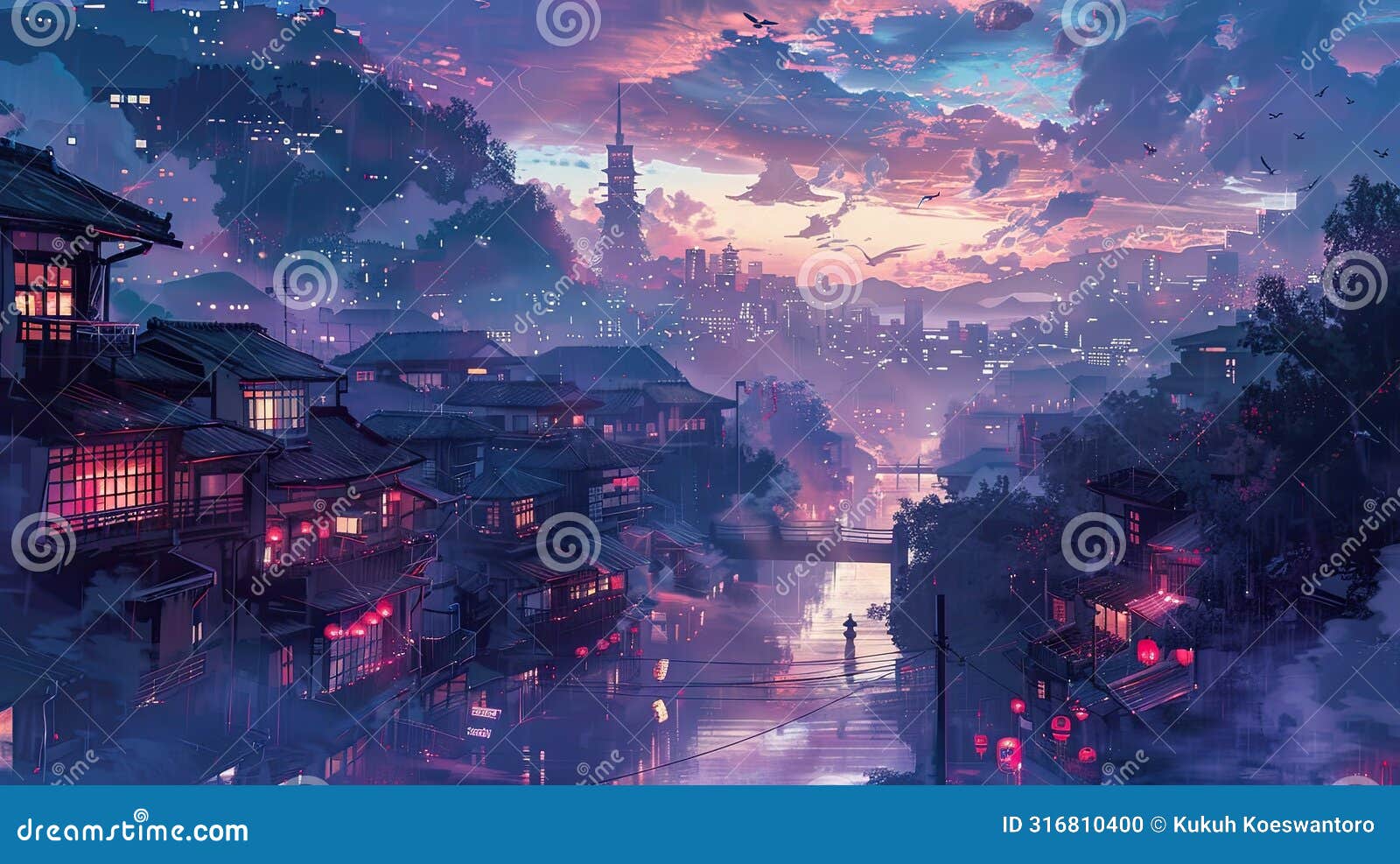 beautiful japanese tokyo city town in the evening, digital art, anime style