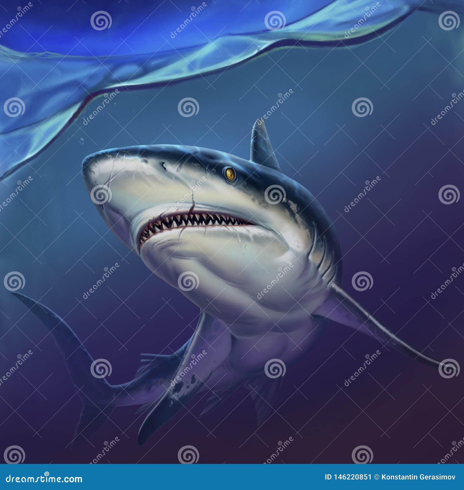 Reef shark on depth realistic background illustration. A large reef shark opened its mouth and swims.