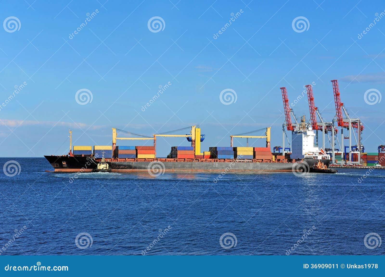 Tugboat Assisting Bulk Cargo Ship Stock Image Image of board