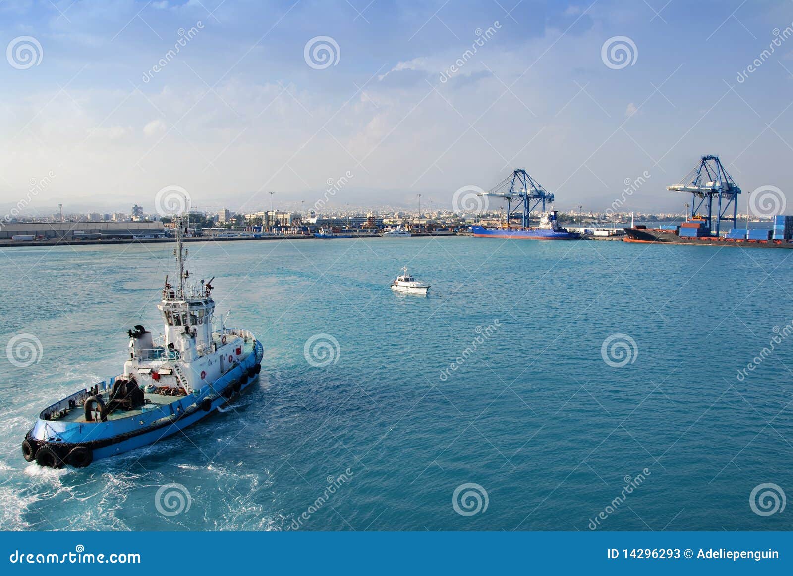 tugboat nears container port, cyprus