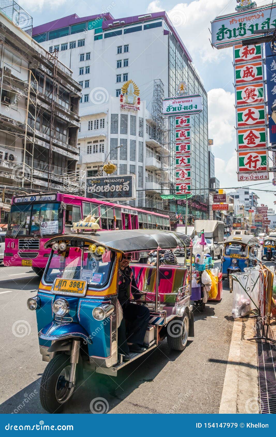 Tuk Tuks and Bus on Yaowarat Road Editorial Stock Image - Image of road