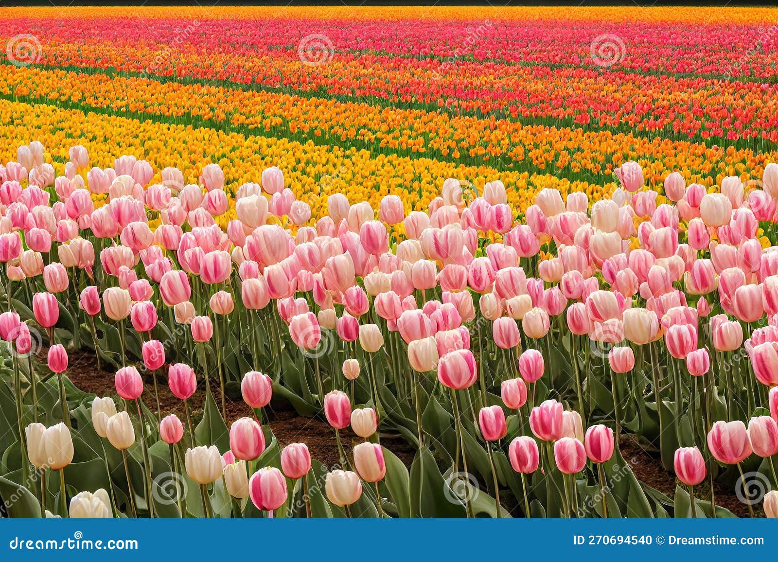 Tulip Flower Growing in Even Rows on Endless Field. Stock Illustration