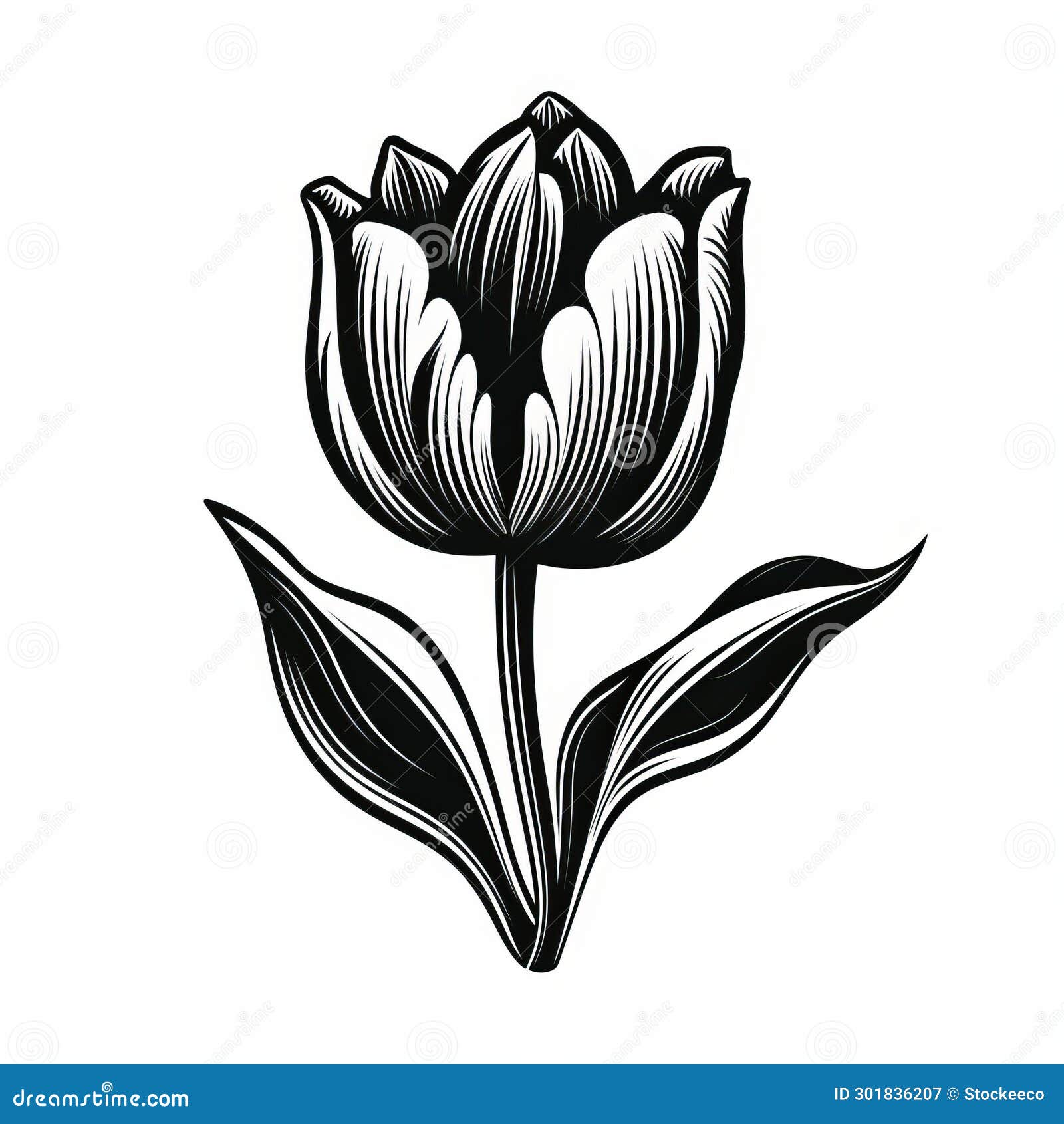 tulip linocut woodcut print with thick black outlines