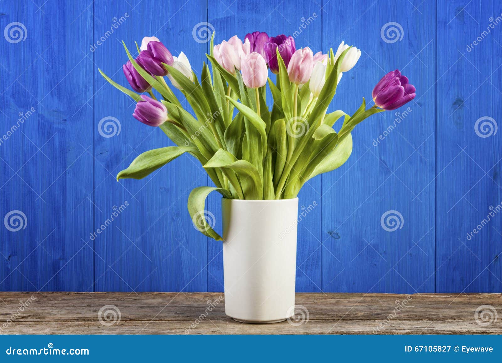 Tulips in a Vase with Blue Wooden Background Stock Image - Image of ...