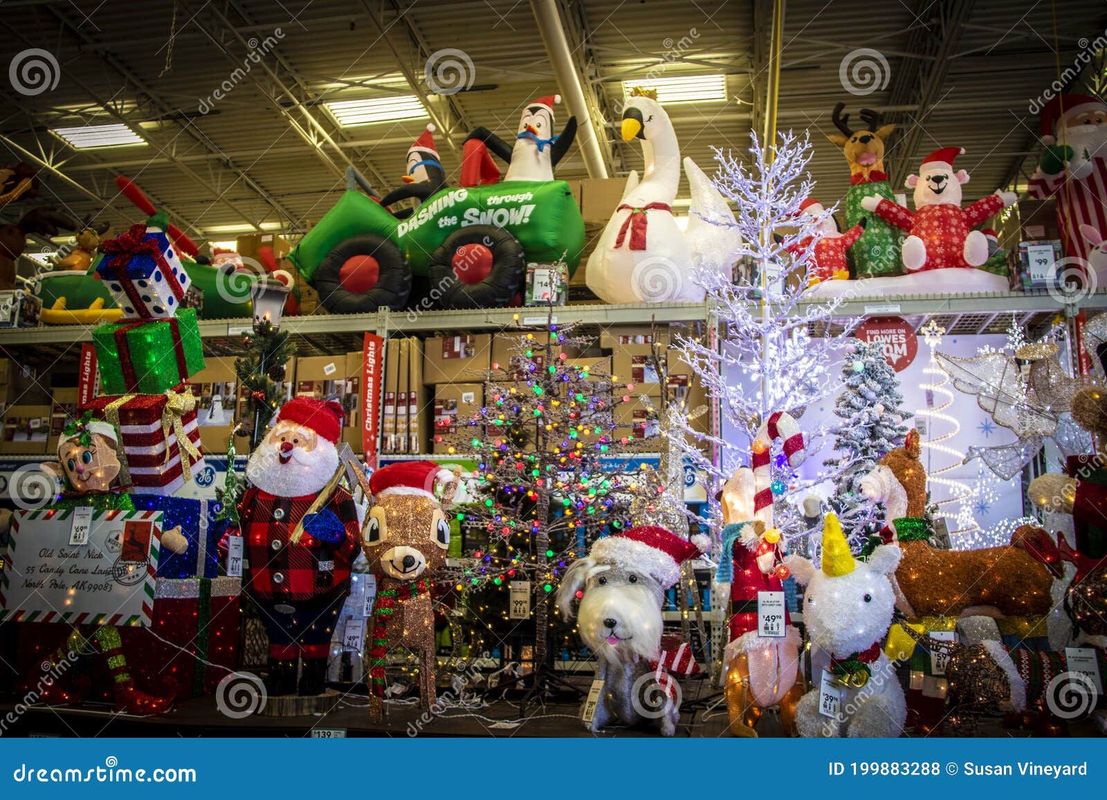 Tulsa USA Shelves of Blow-up Outdoor Christmas Ornaments with Sparkly ...