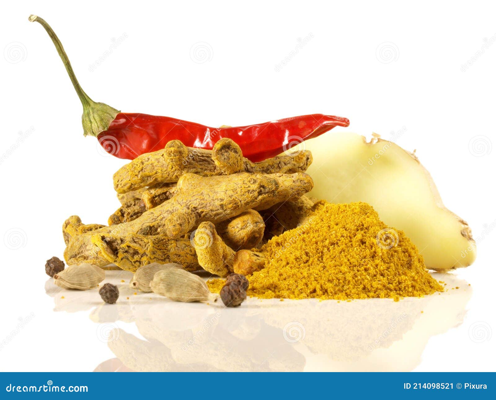 Tumeric Root with Ginger and Curry on White Background Isolated Stock