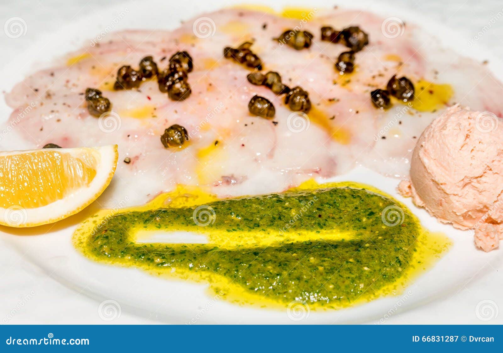 Tuna Fish Carpaccio with Capers and Basil Sauce Stock Image Image of