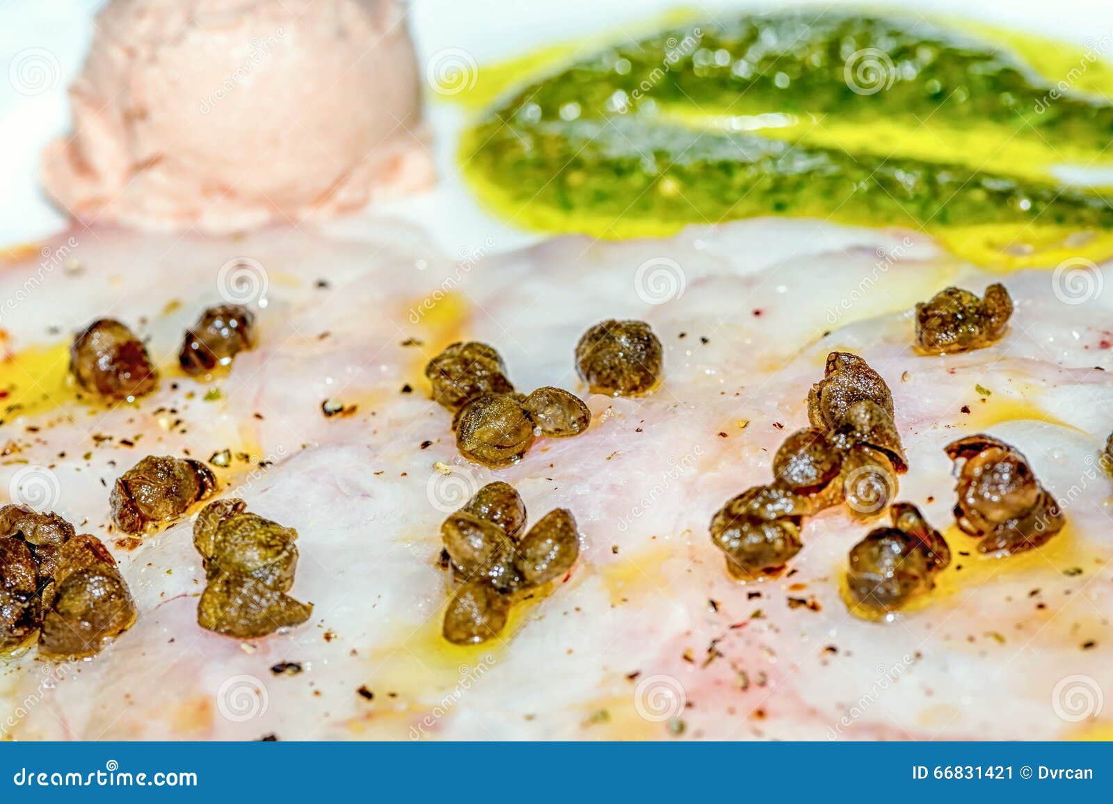Tuna Fish Carpaccio with Capers and Basil Sauce Stock Image Image of