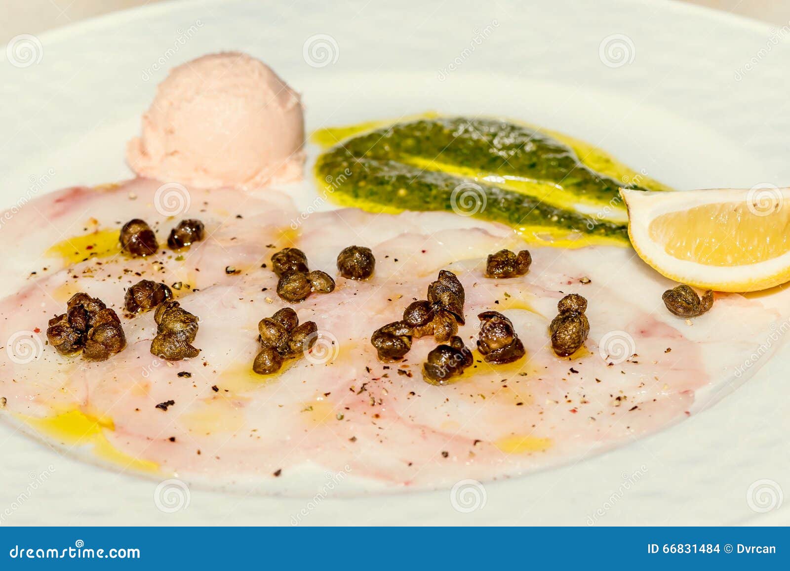 Tuna Fish Carpaccio with Capers and Basil Sauce Stock Photo Image of