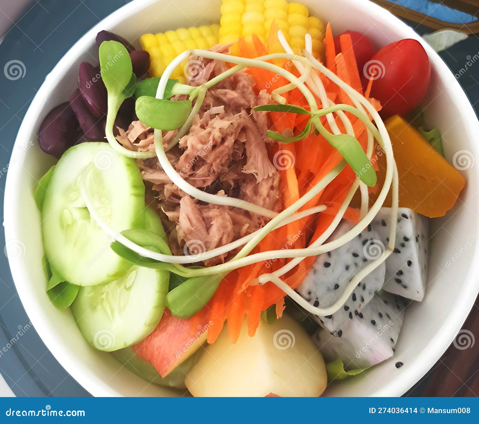 Tuna with fruit salad stock photo. Image of delicious 274036414