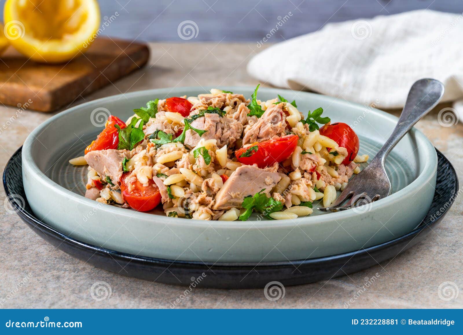 Tuna and orzo stock image. Image of main, overhead, italian 232228881