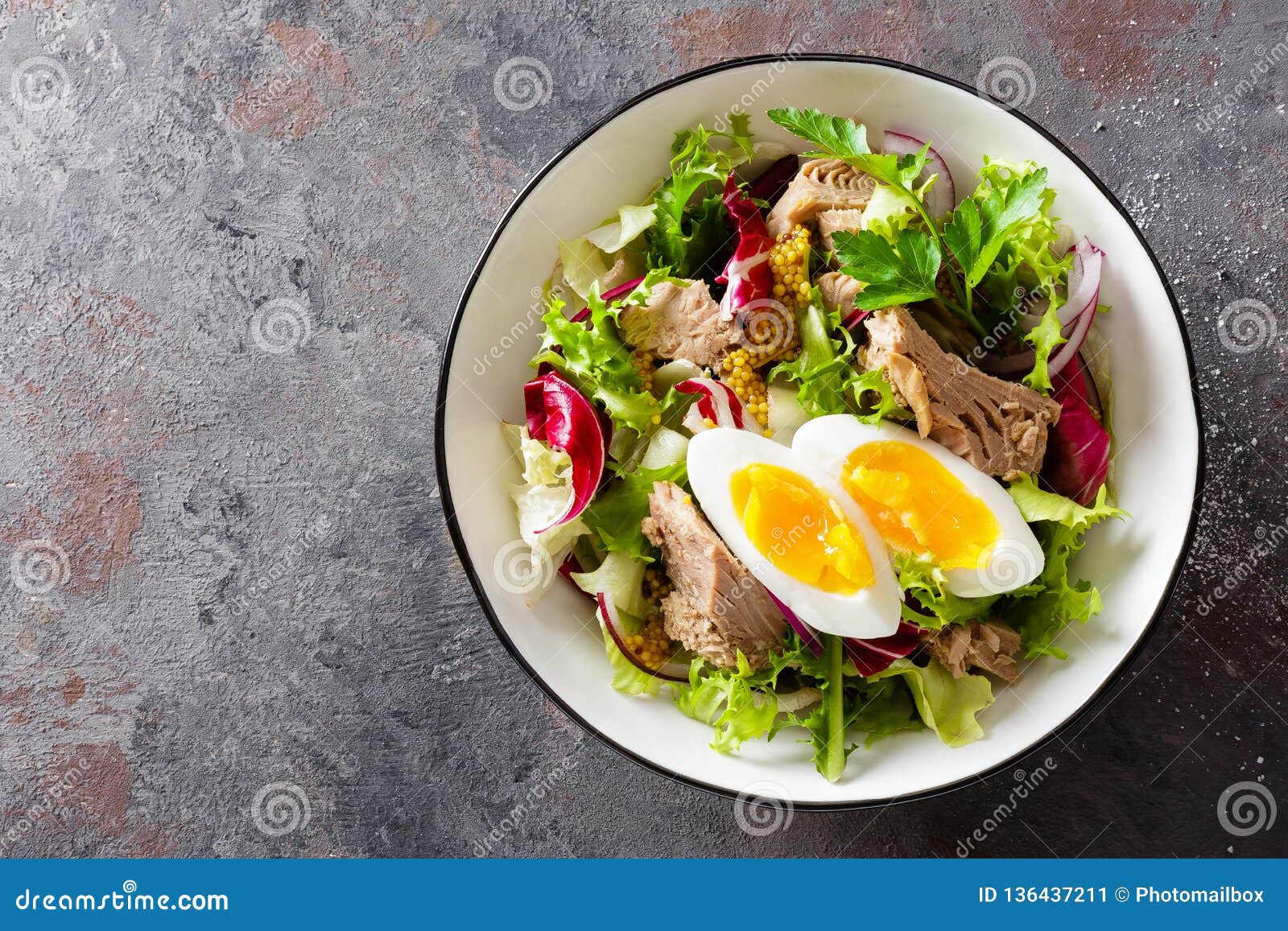 tuna salad in bowl. mediterranean food. fresh salad with canned tuna fish. healthy diet food