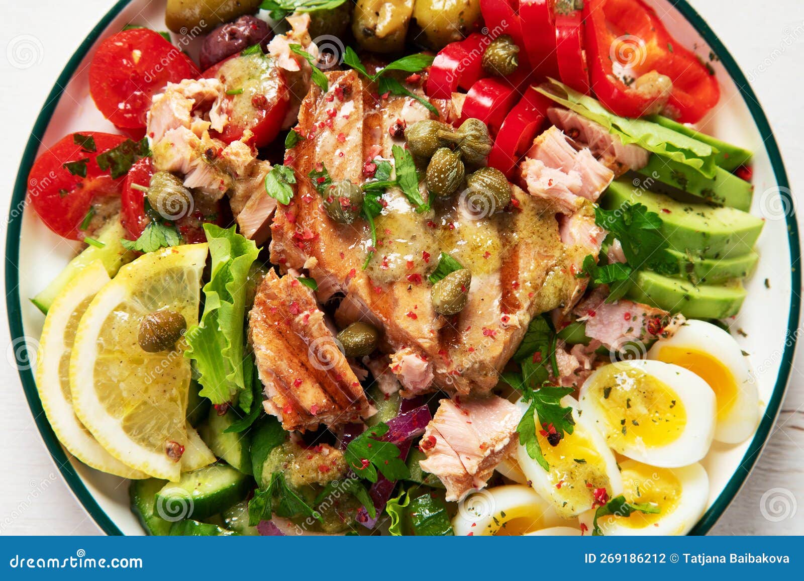 Tuna Salad with Lettuce, Eggs and Tomatoes Stock Photo - Image of ...