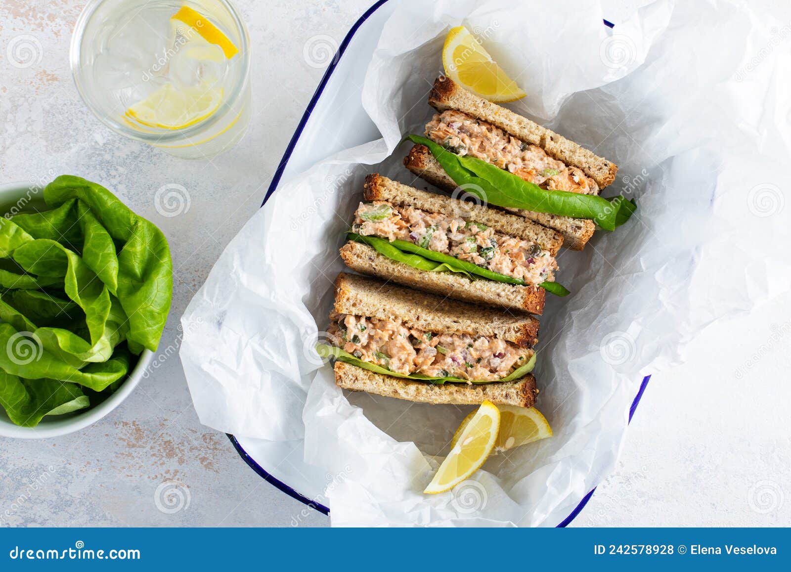 Tuna or Salmon Salad Sandwiches with Celery and Yogurt Stock Photo