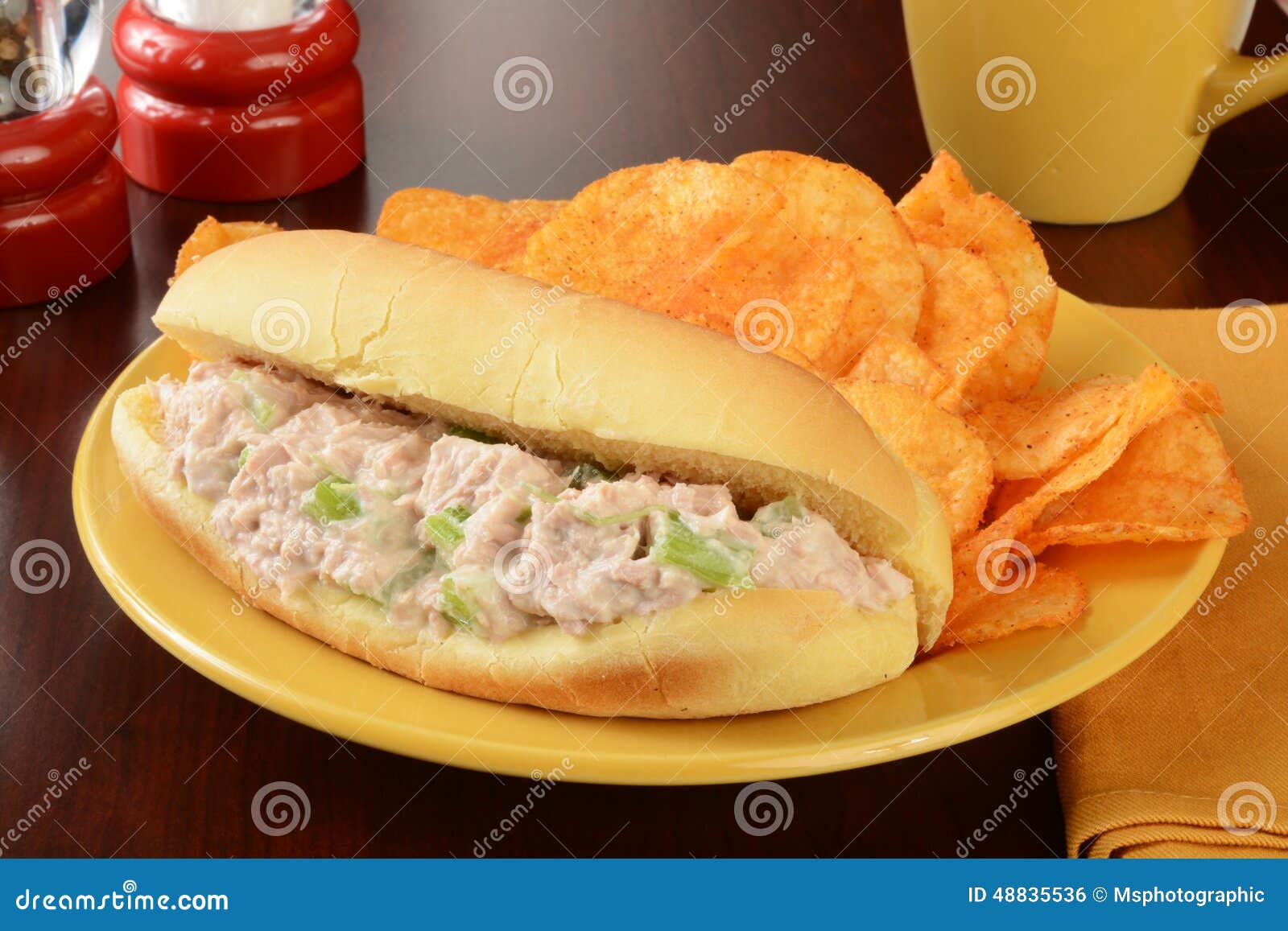 Tuna sandwich with chips stock photo. Image of lunch 48835536
