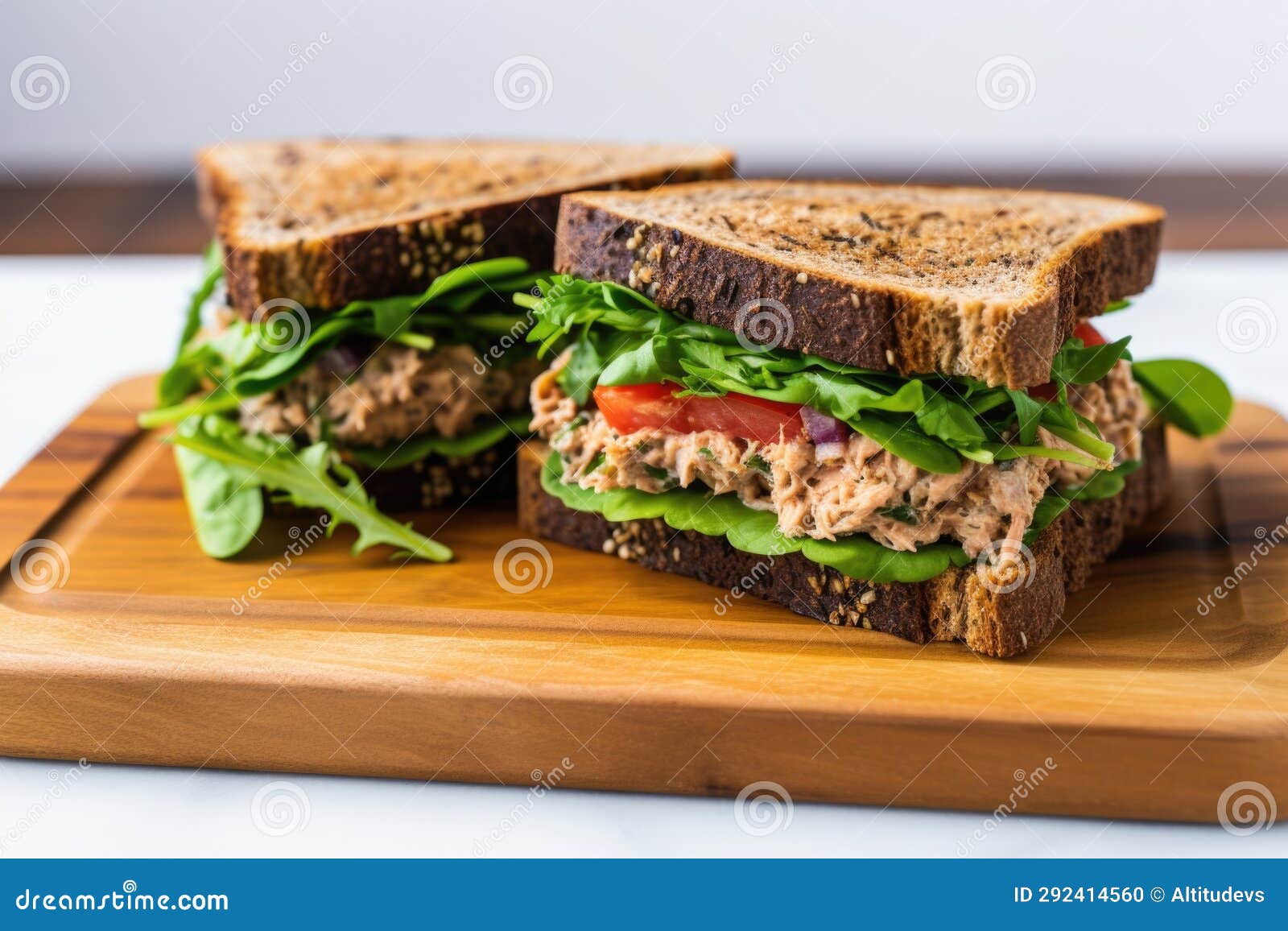 Tuna Sandwich on Rye Bread with Lettuce, Viewed from Above Stock Photo