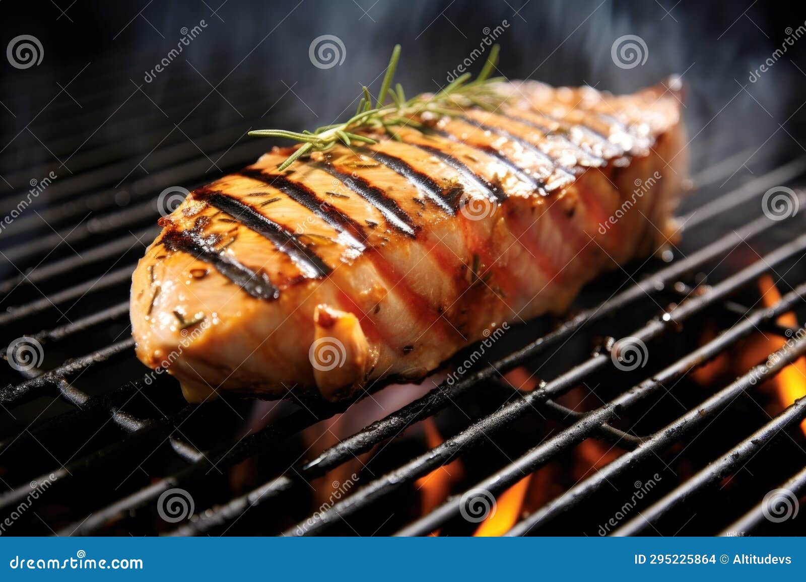 Tuna Steak Flavored with Grill Smoke, Side View Stock Photo Image of