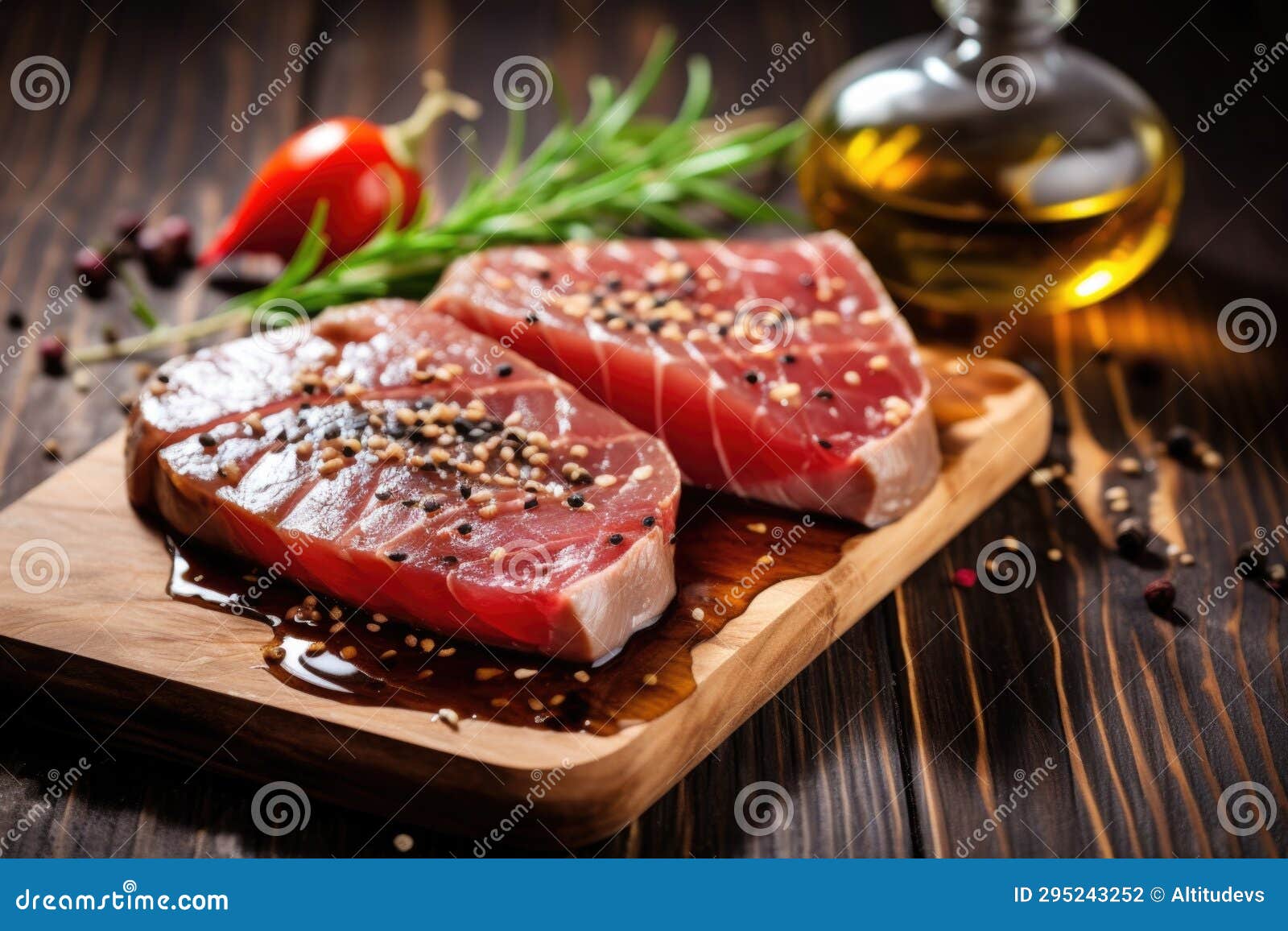 Tuna Steaks Marinated with Sesame Seeds and Soy Sauce Stock Photo
