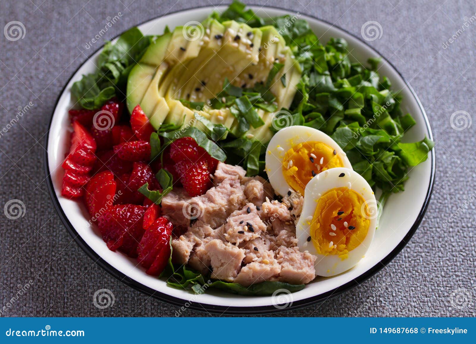 Tuna Strawberries Avocado Egg and Spinach Salad. Tuna Fish Salad. Stock