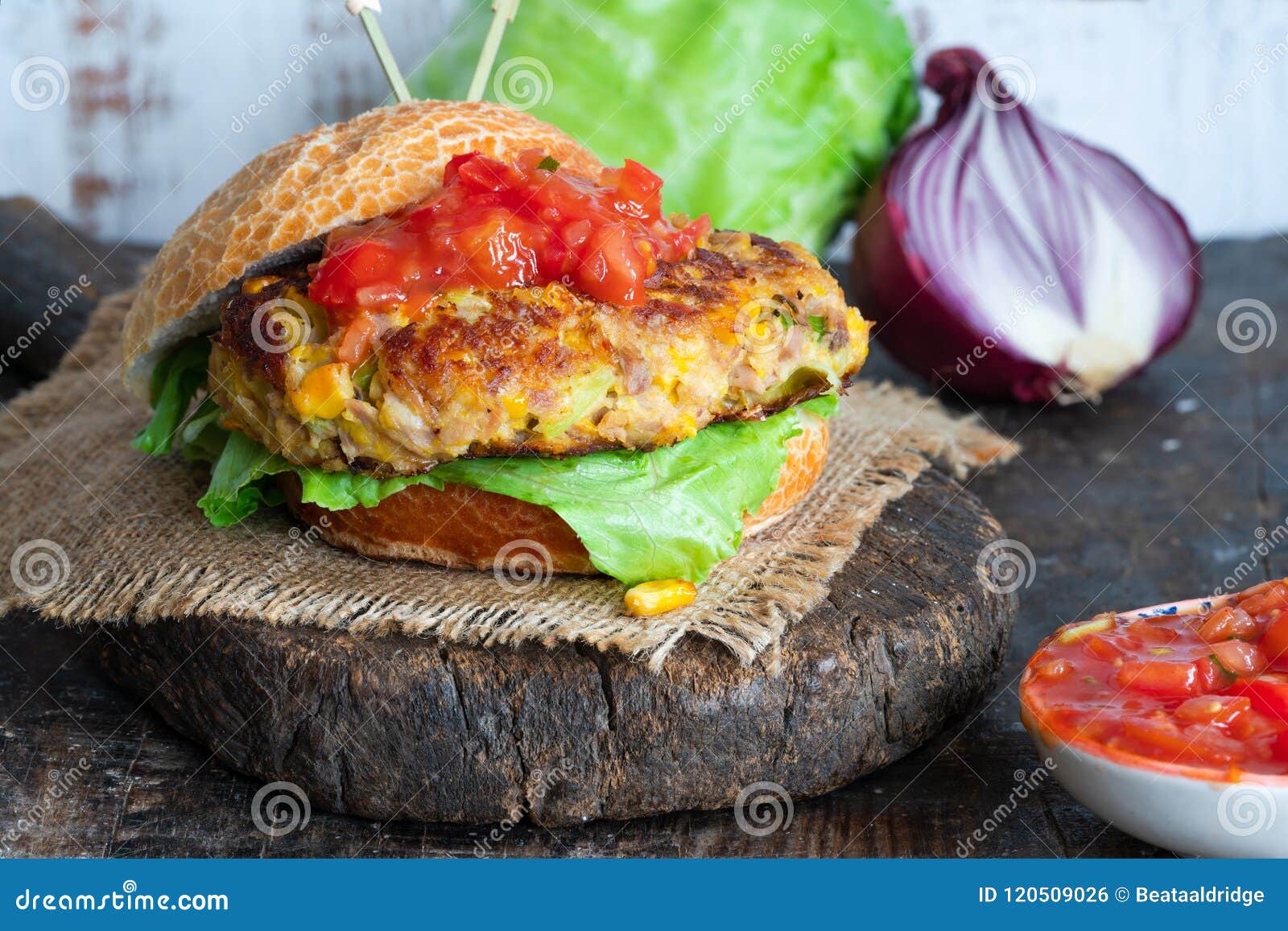 Tuna and sweetcorn burger stock photo. Image of hamburger 120509026