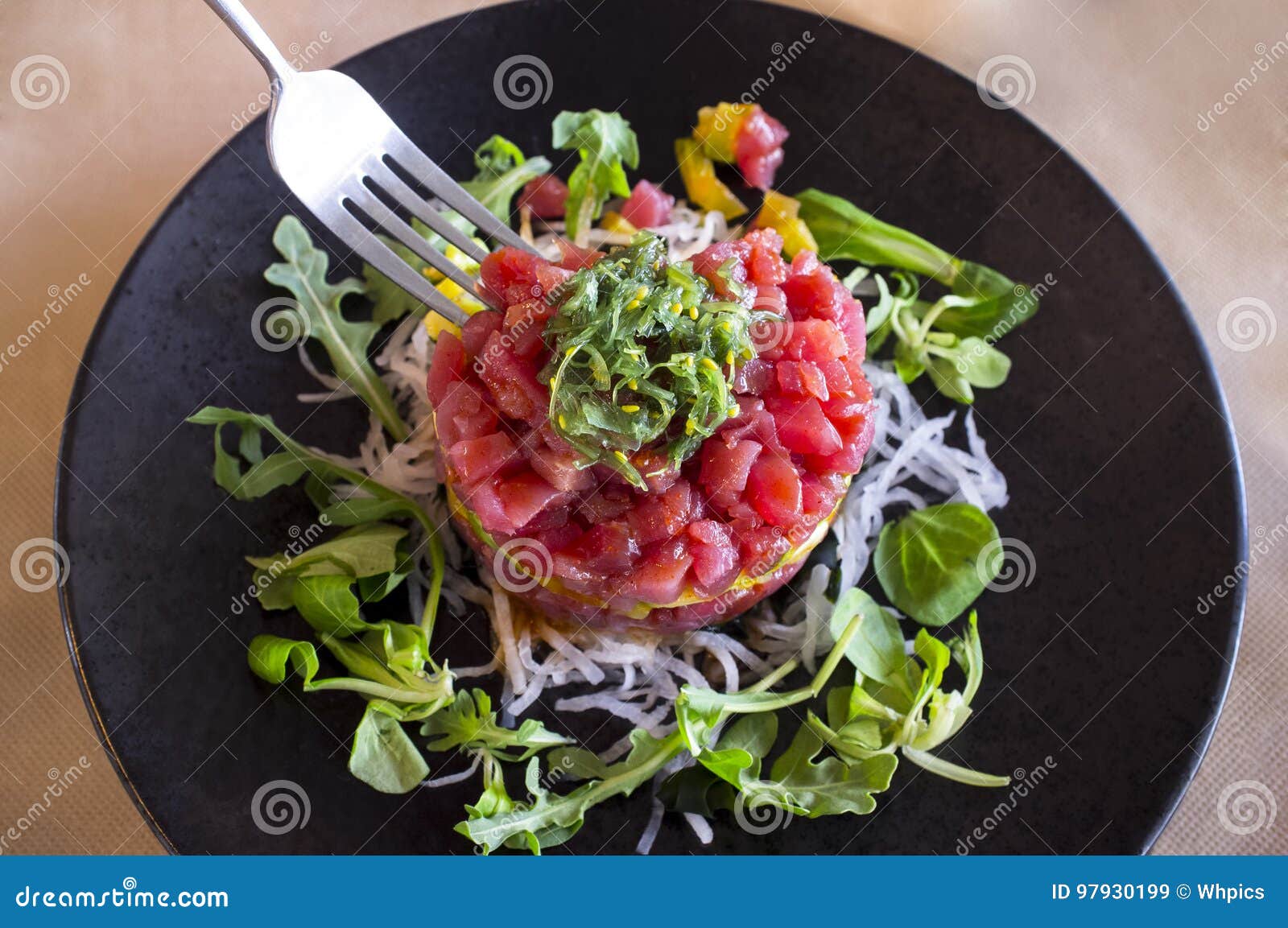 Tuna tartar dish with fork stock image. Image of dish 97930199