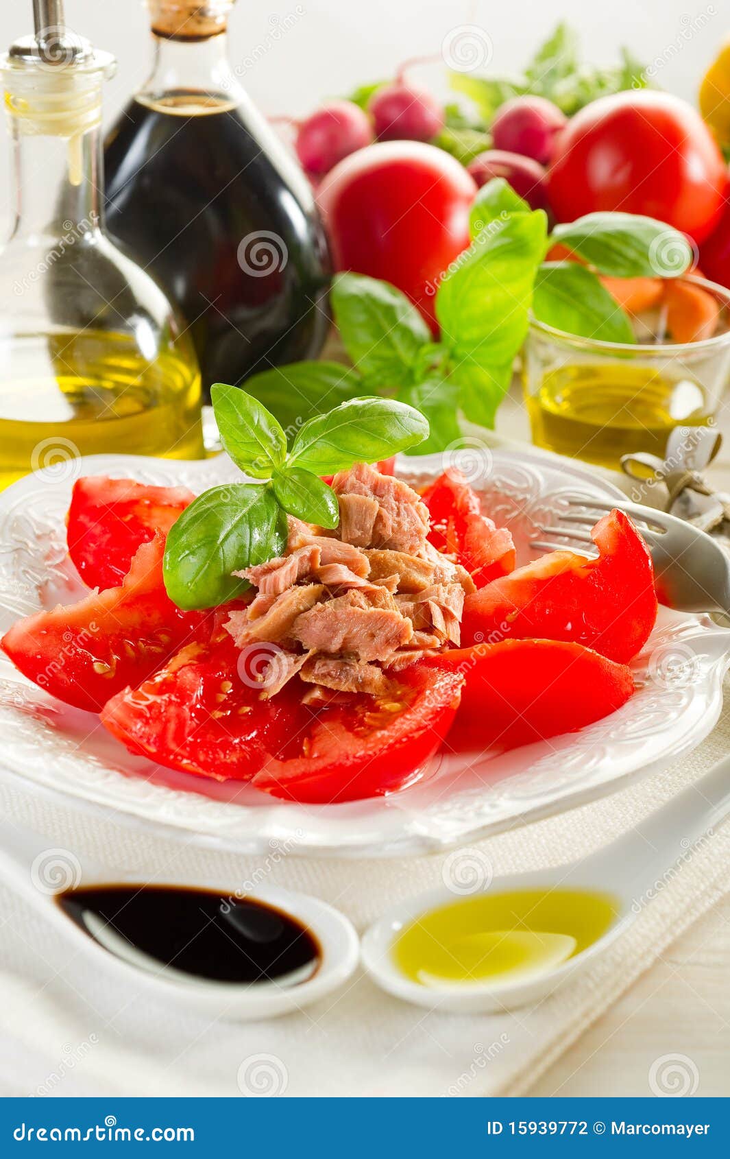 Tuna and tomatoes stock photo. Image of fish, diet, leaf 15939772