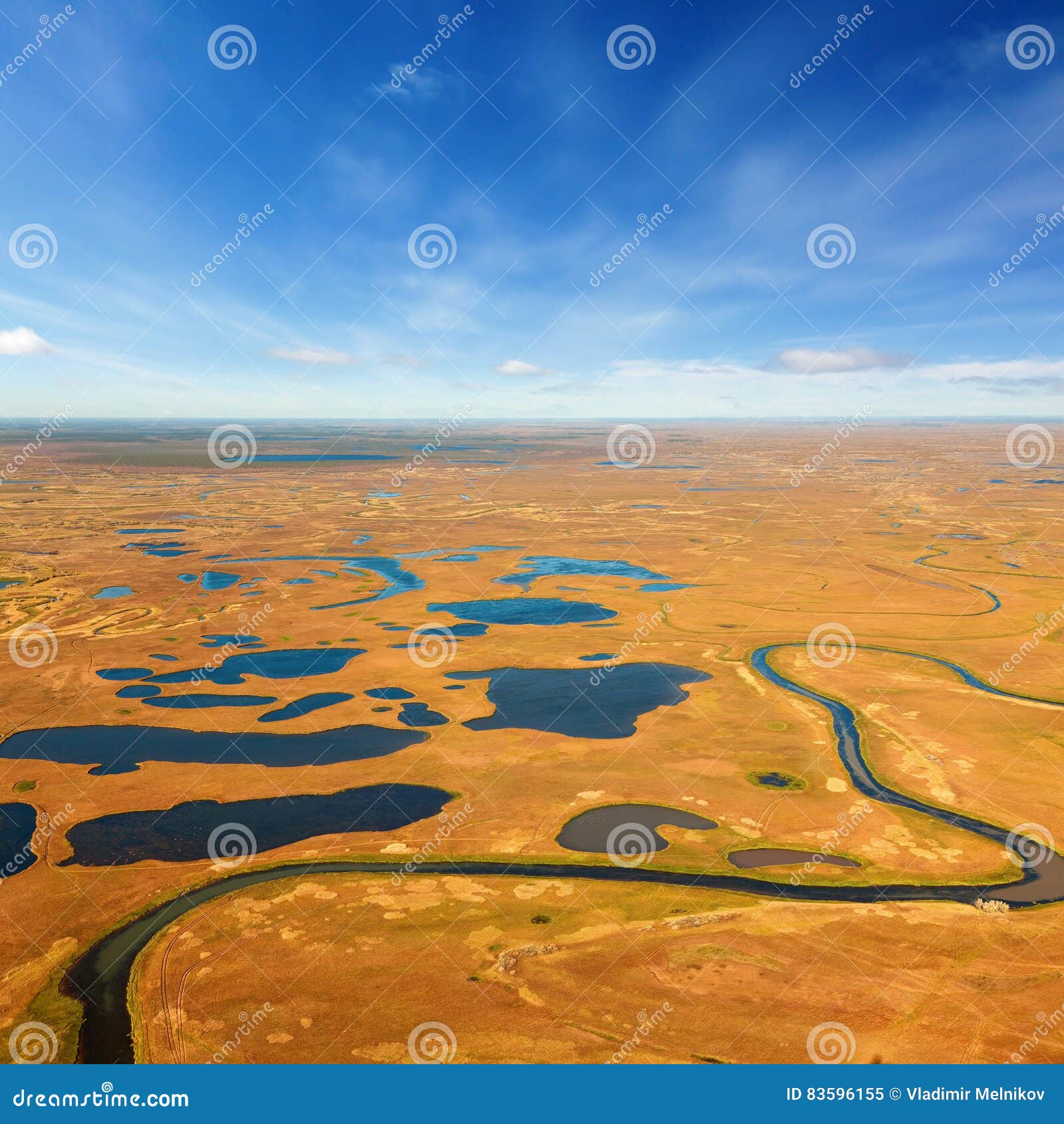 Tundra en el otoño, visión superior. Vista aérea de la tundra en otoño Pantano con agua debajo del cielo nublado