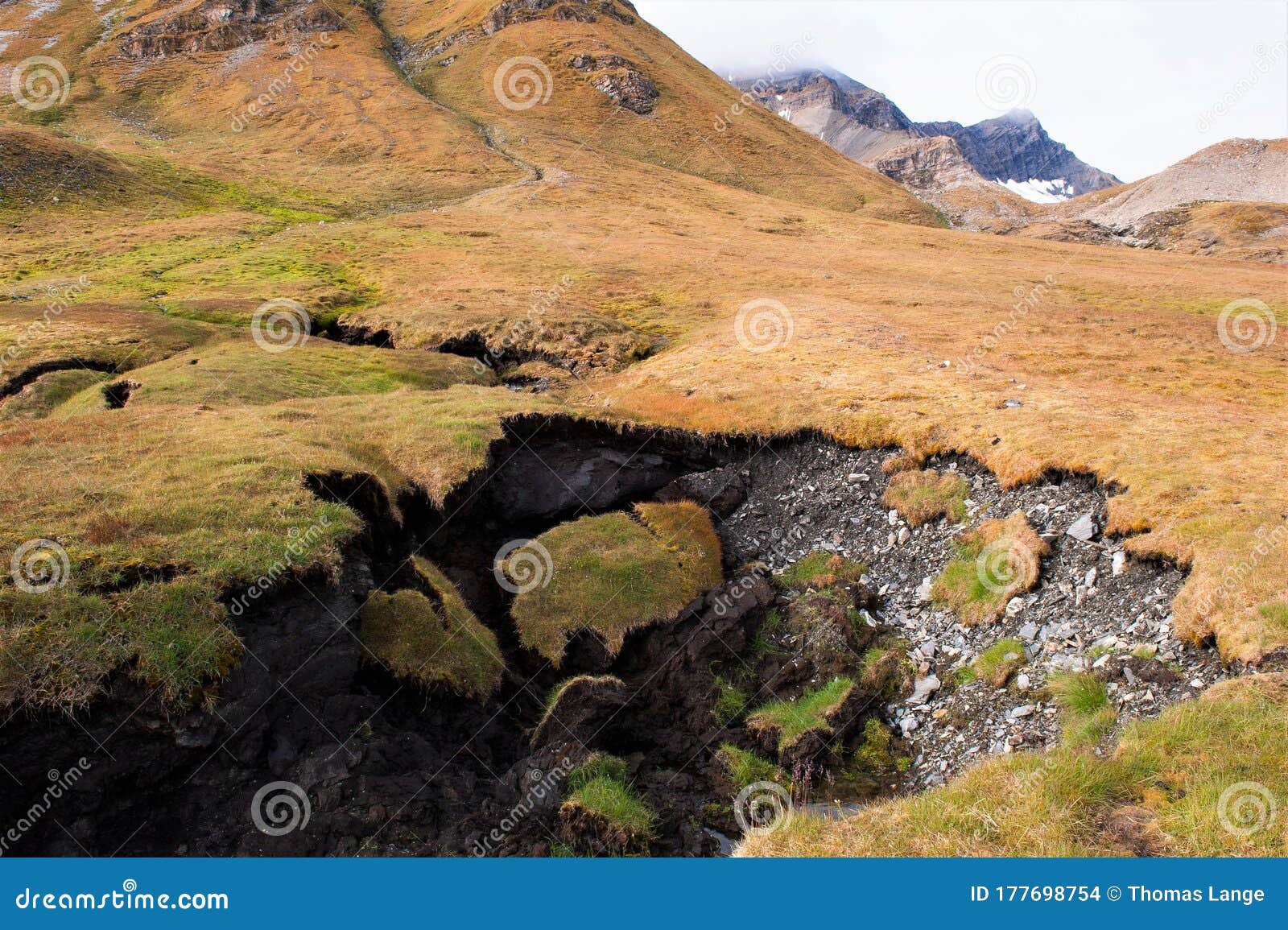 tundra landscape - erosion, caused by thawing permafrost ground, one of several results of the global warming