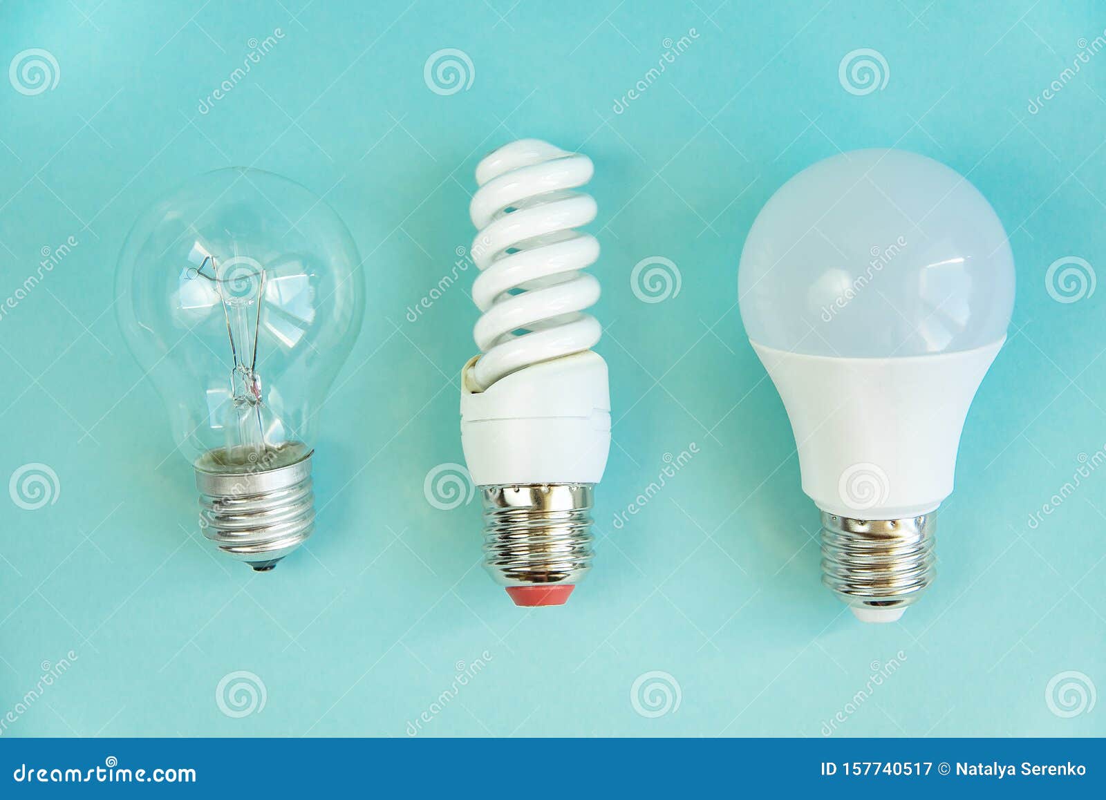Tungsten, Fluorescent and LED Bulb on Blue Background Stock Image